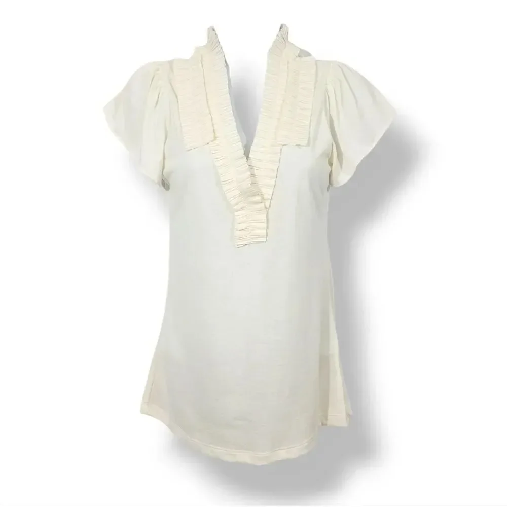 NEW Vintage Y2K Banana Republic Ruffle Pleat Flutter Sleeve Top In Ivory Size XS